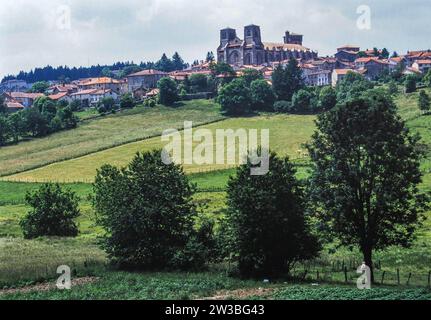 Abbey church on the hill. La Chaise-Dieu - Saint-Robert abbey Stock Photo