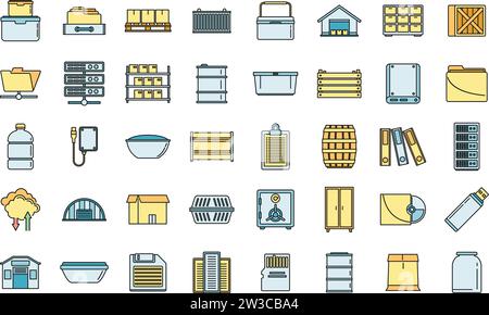 Storage box icons set. Outline set of storage box vector icons thin line color flat on white Stock Vector