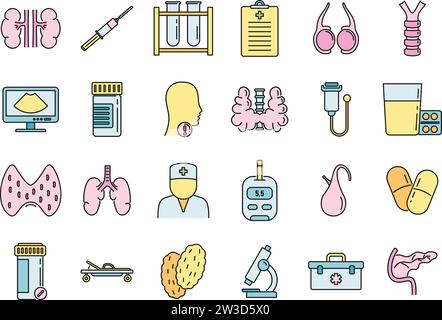 Endocrinologist doctor icons set. Outline set of endocrinologist doctor vector icons thin line color flat on white Stock Vector