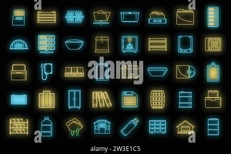 Storage box icons set. Outline set of storage box vector icons neon color on black Stock Vector