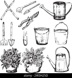 Hand-drawn ink illustrations. A set of garden tools, watering cans, buckets, trowels, hedge-clippers, rakes. Vector illustration. Stock Vector