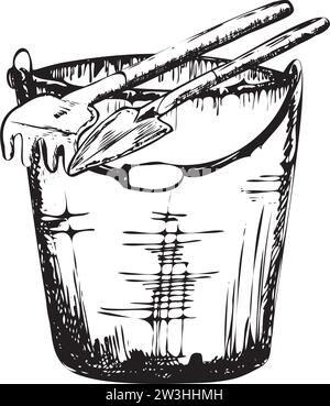 Hand-drawn ink illustration. A bucket with garden rake and trowel. Vector illustration Stock Vector