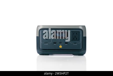 Portable power station or power box isolated on white background. On-the-Go energy solution. Power supply for outdoor adventure. Compact portable Stock Photo