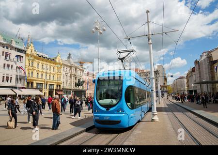 Tram going through Ban Josip Jelacic Square in Zagreb, Croatia Stock Photo