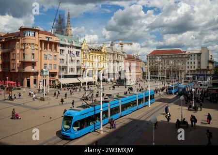 Tram going through Ban Josip Jelacic Square in Zagreb, Croatia Stock Photo