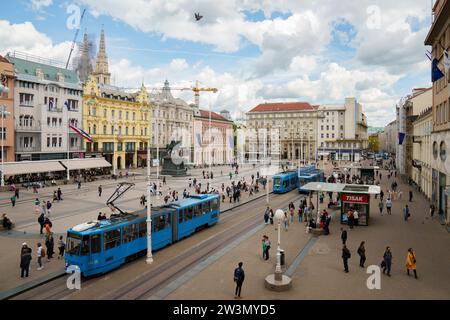 Tram going through Ban Josip Jelacic Square in Zagreb, Croatia Stock Photo