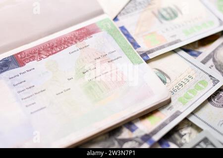 Passport with an American visa. The concept of visa agencies, green cards. Mixed media Stock Photo
