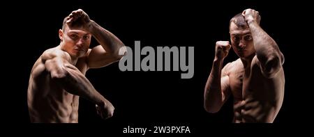 Professional boxer posing in the studio. Split two portraits. The concept of sport, boxing, healthy lifestyle, mma. Mixed media Stock Photo