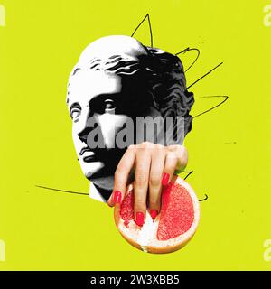 Contemporary art collage. Antique Greek bust of woman pressing on grapefruit against vivid green background. Trendy magazine style. Stock Photo