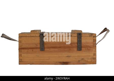 Army ammunition wooden crate isolated on white background. Stock Photo