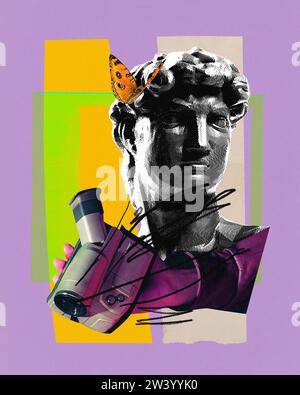 Contemporary art collage. Antique statue in black and white filter holds retro video camera against abstract designed vivid background. Stock Photo