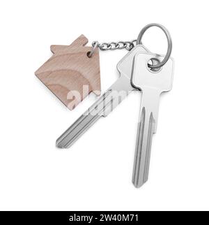 Keys with keychain in shape of house isolated on white, top view Stock Photo