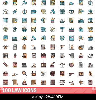 100 law icons set. Color line set of law vector icons thin line color flat on white Stock Vector