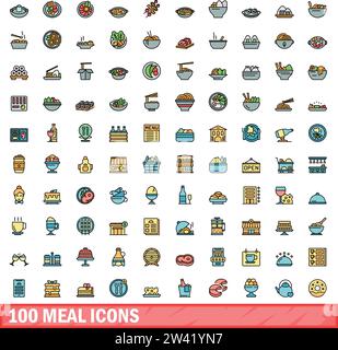100 meal icons set. Color line set of meal vector icons thin line color flat on white Stock Vector