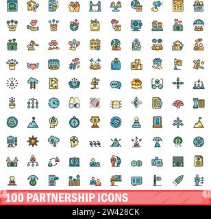 100 partnership icons set. Color line set of partnership vector icons thin line color flat on white Stock Vector