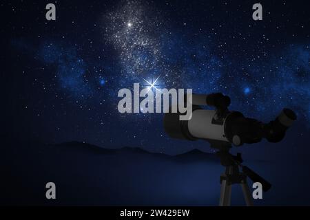 Astronomy. Viewing beautiful starry sky through telescope at night Stock Photo