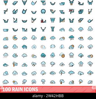 100 rain icons set. Color line set of rain vector icons thin line color flat on white Stock Vector