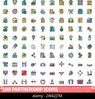 100 partnership icons set. Color line set of partnership vector icons thin line color flat on white Stock Vector