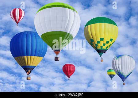Many bright hot air balloons flying in sky, banner design Stock Photo ...
