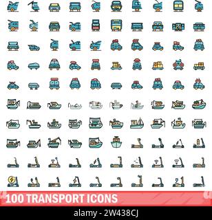 100 transport icons set. Color line set of transport vector icons thin line color flat on white Stock Vector