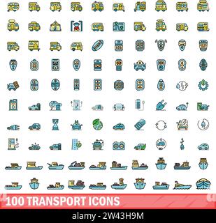 100 transport icons set. Color line set of transport vector icons thin line color flat on white Stock Vector