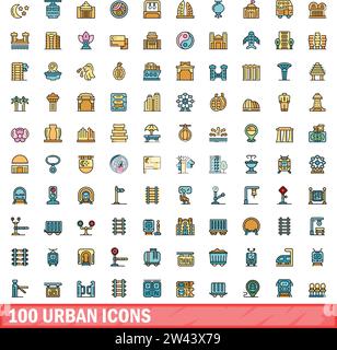 100 urban icons set. Color line set of urban vector icons thin line color flat on white Stock Vector