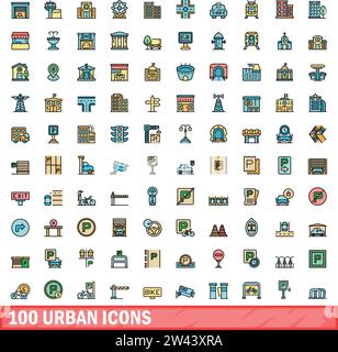 100 urban icons set. Color line set of urban vector icons thin line color flat on white Stock Vector