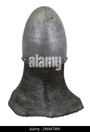 Bacinet, bowl or 'Taunting French Guard's Helmet' used by the French Guards at the two castles in the film Monty Python and The Holy Grail, 1975 Stock Photo