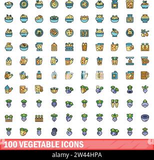 100 vegetable icons set. Color line set of vegetable vector icons thin line color flat on white Stock Vector
