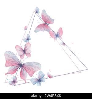 Butterflies are pink, blue, lilac, flying, delicate with wings and splashes of paint. Hand drawn watercolor illustration. Frame triangle, template Stock Photo