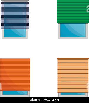 Window decoration icons set cartoon vector. Blinds in various color. Light protection device, interior decoration Stock Vector