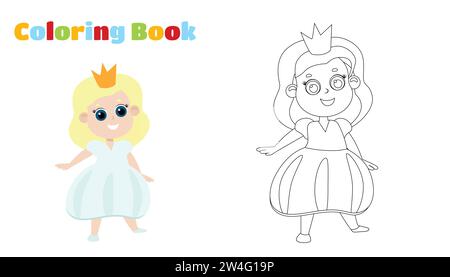Coloring Page. Little princess girl in crown in cartoon style isolated on white background. The girl has blond hair and a lush dress. Stock Vector