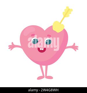 A pink heart with an arrow is standing and smiling happily. Cartoon illustration isolated on white background. Stock Vector