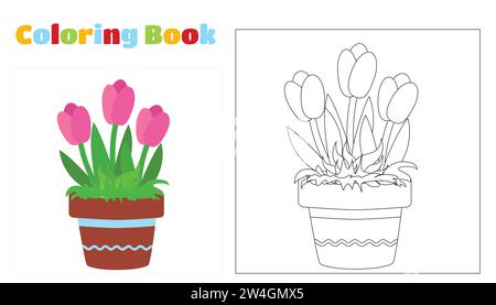 Coloring Page. Pink tulips in a ceramic brown pot with a blue straight line and a winding stripe on top. Hobby growing plants in cartoon style. Stock Vector