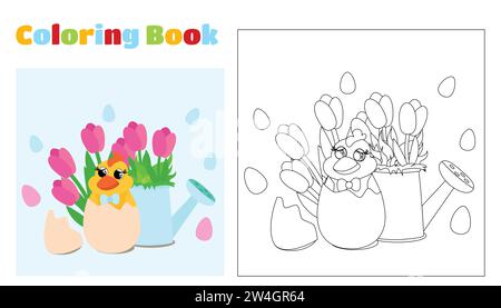 Coloring Page. On a green meadow there is a charming chicken and a watering can and flowers tulips and daffodils. Vertical banner for spring holiday. Stock Vector