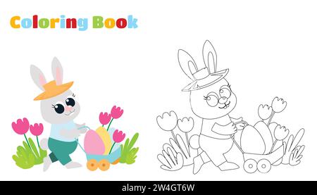 Coloring page. Little cute Easter bunny is carrying colored eggs in a cart. Great illustration in cartoon style for children. Stock Vector