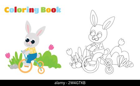 Coloring page. Easter spring illustration of a cute bunny on a bicycle. Easter bunny in cartoon style for children. Stock Vector
