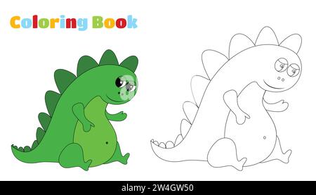 Coloring page. Cute  green  cartoon dinosaur. Stock Vector