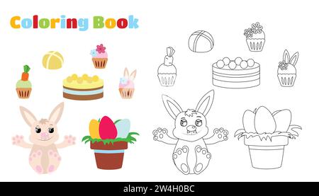 Coloring page. Easter set with muffins, rabbit, pie, bun and pot with eggs. Stock Vector