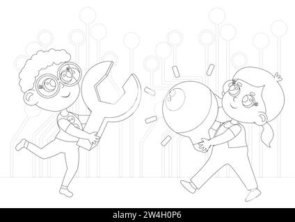 Coloring page. Kid Inventors Day. Cute boy and girl with light bulb and ...