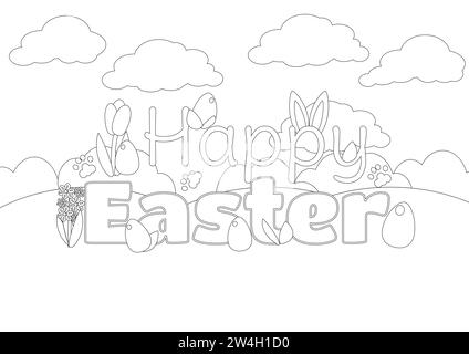 Coloring page. On the green grass is a decorative text Happy Easter. The letters are decorated with hyacinths, tulips and decorated eggs. Horizontal s Stock Vector
