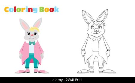 Coloring page. Cute and funny bunny. Vector illustration of cartoon character. Rabbit dressed in a jacket, pants and tie. Stock Vector