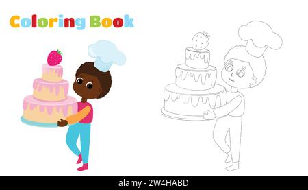 Coloring Page. The boy is holding a huge cake in his hands. The child is happy and wearing a chef's hat. Character design. Stock Vector