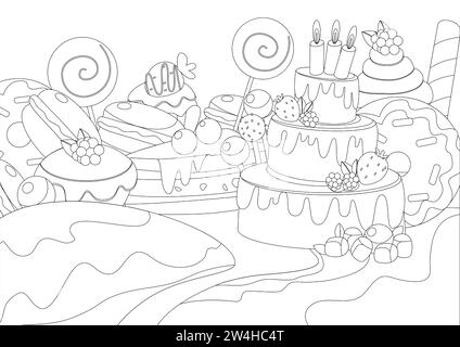 Coloring page. Panorama set of sweets cake with candles, macarons, donuts, lollipops, muffins in cartoon style. Stock Vector
