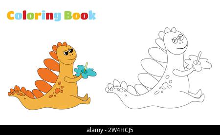 Coloring page. Cute charming orange dinosaur. Prehistoric character in cartoon childish style sits and holds a flower in his hands. Stock Vector