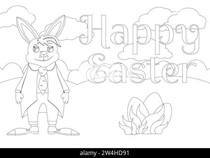 Coloring page. An Easter Bunny dressed in a jacket and trousers stands right on the field and in front of him are eggs in the grass. Horizontal banner Stock Vector