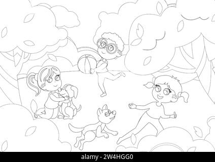 Coloring page. Group of children playing with pets and ball in nature. Beautiful summer or spring day in nature. Stock Vector