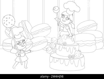 Coloring page. Children near huge cake sweets, macaroons and marshmallows, candy pop. Humorous illustration of children's love for sweets. Stock Vector