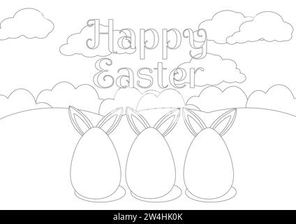 Coloring page. Close-up of painted eggs on green grass with rabbit ears sticking out behind the eggs. Horizontal banner with green meadow and blue sky Stock Vector
