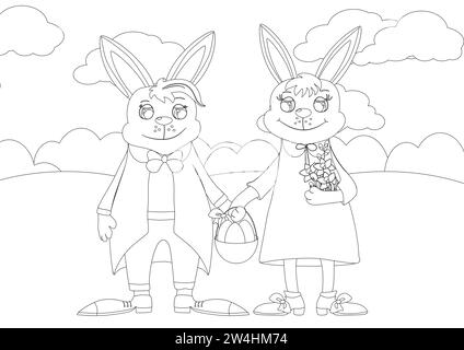 Coloring page. Happy Easter bunnies are smiling tenderly. Rabbits are dressed in bright clothes. Stock Vector